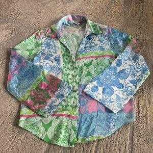 Zara colorful blouse patchwork silky satin wide sleeves pink blue green small